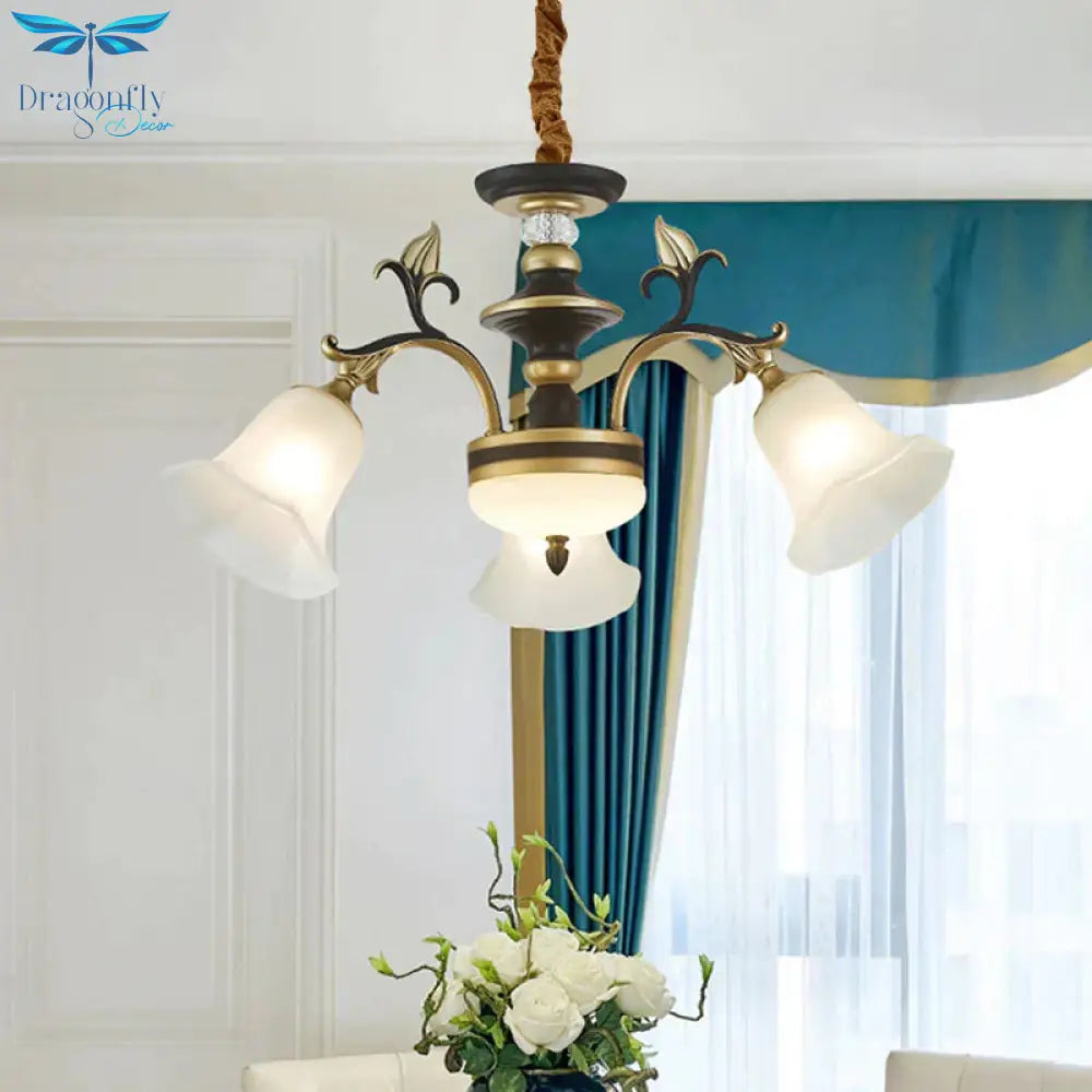 Black - Gold Flower - Like Suspension Lighting Traditional Milky Glass 3/6/8 Heads Dining Room Down