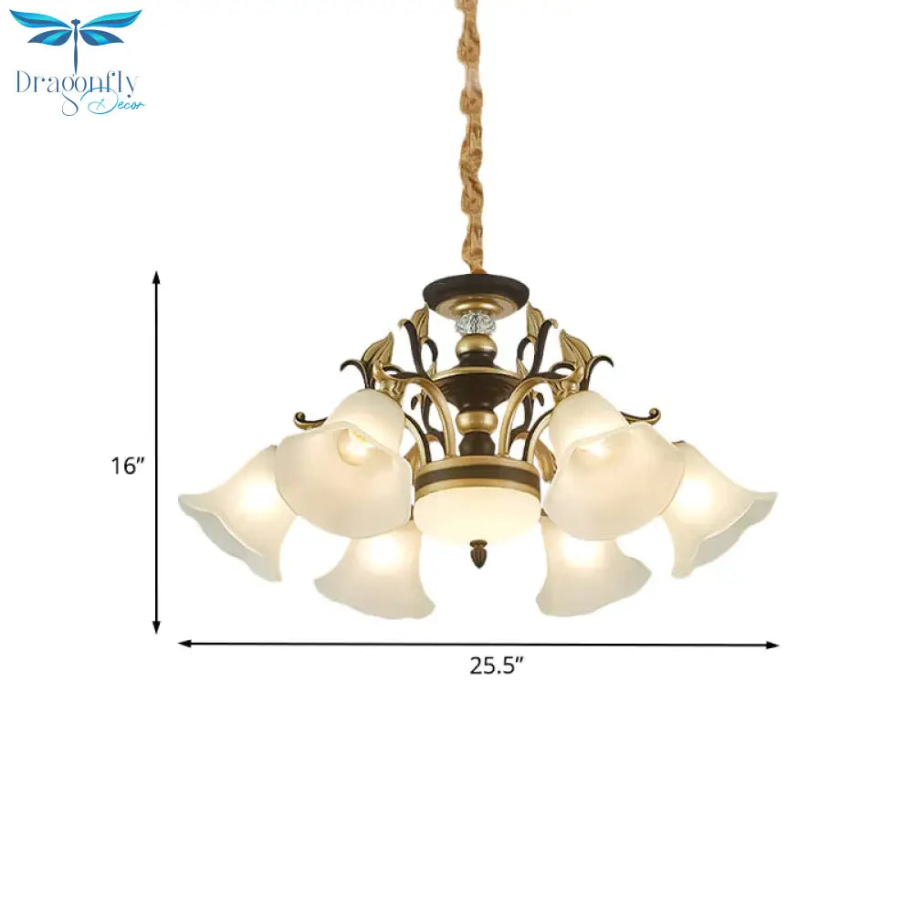 Black - Gold Flower - Like Suspension Lighting Traditional Milky Glass 3/6/8 Heads Dining Room Down