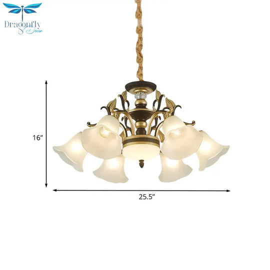 Black - Gold Flower - Like Suspension Lighting Traditional Milky Glass 3/6/8 Heads Dining Room Down