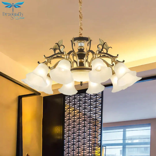 Black - Gold Flower - Like Suspension Lighting Traditional Milky Glass 3/6/8 Heads Dining Room Down