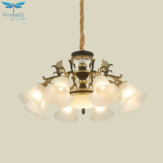 Black - Gold Flower - Like Suspension Lighting Traditional Milky Glass 3/6/8 Heads Dining Room Down