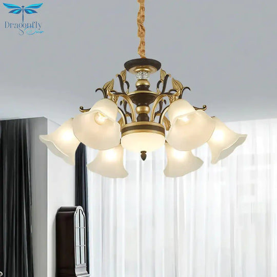 Black - Gold Flower - Like Suspension Lighting Traditional Milky Glass 3/6/8 Heads Dining Room Down