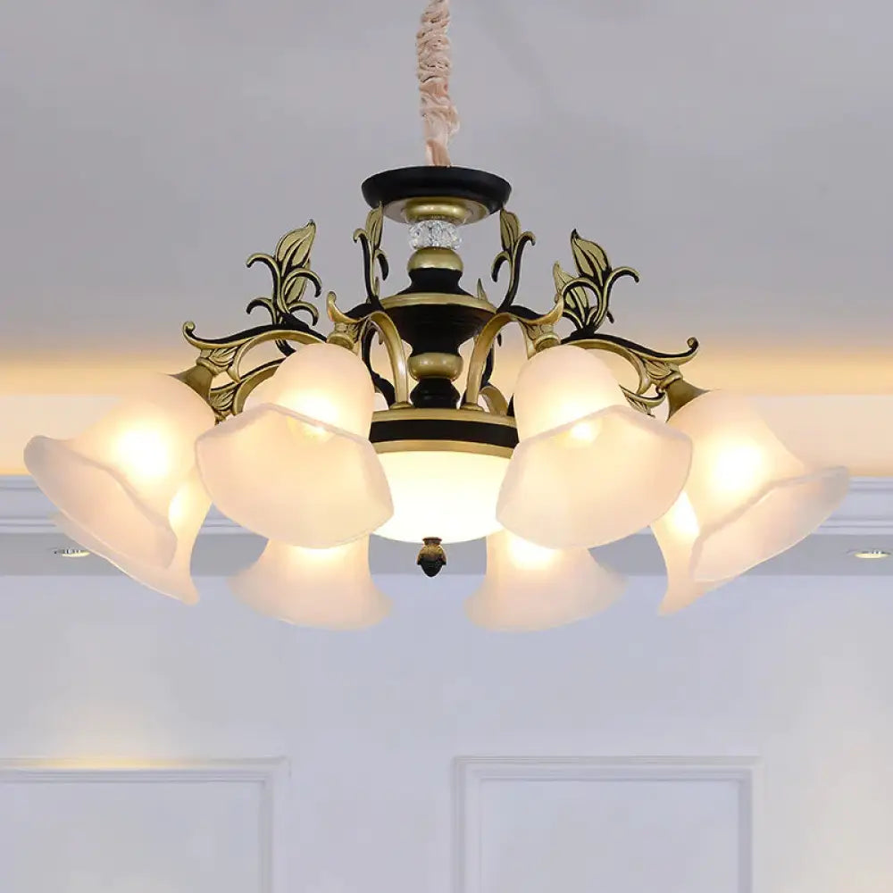 Black - Gold Flower - Like Suspension Lighting Traditional Milky Glass 3/6/8 Heads Dining Room Down