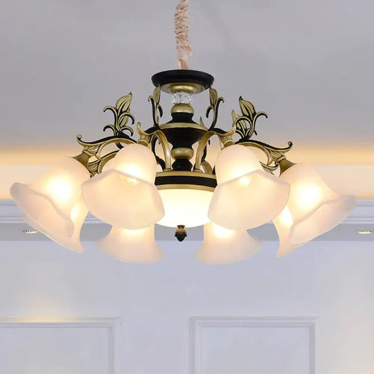 Black - Gold Flower - Like Suspension Lighting Traditional Milky Glass 3/6/8 Heads Dining Room Down