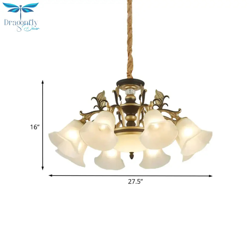Black - Gold Flower - Like Suspension Lighting Traditional Milky Glass 3/6/8 Heads Dining Room Down