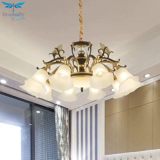 Black - Gold Flower - Like Suspension Lighting Traditional Milky Glass 3/6/8 Heads Dining Room Down