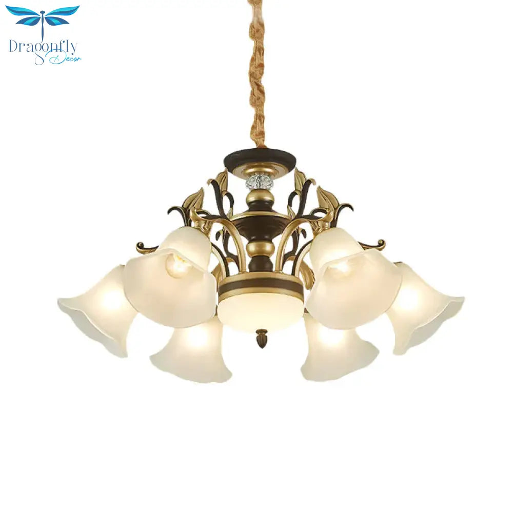 Black - Gold Flower - Like Suspension Lighting Traditional Milky Glass 3/6/8 Heads Dining Room Down