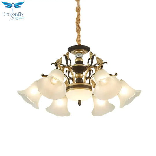 Black - Gold Flower - Like Suspension Lighting Traditional Milky Glass 3/6/8 Heads Dining Room Down