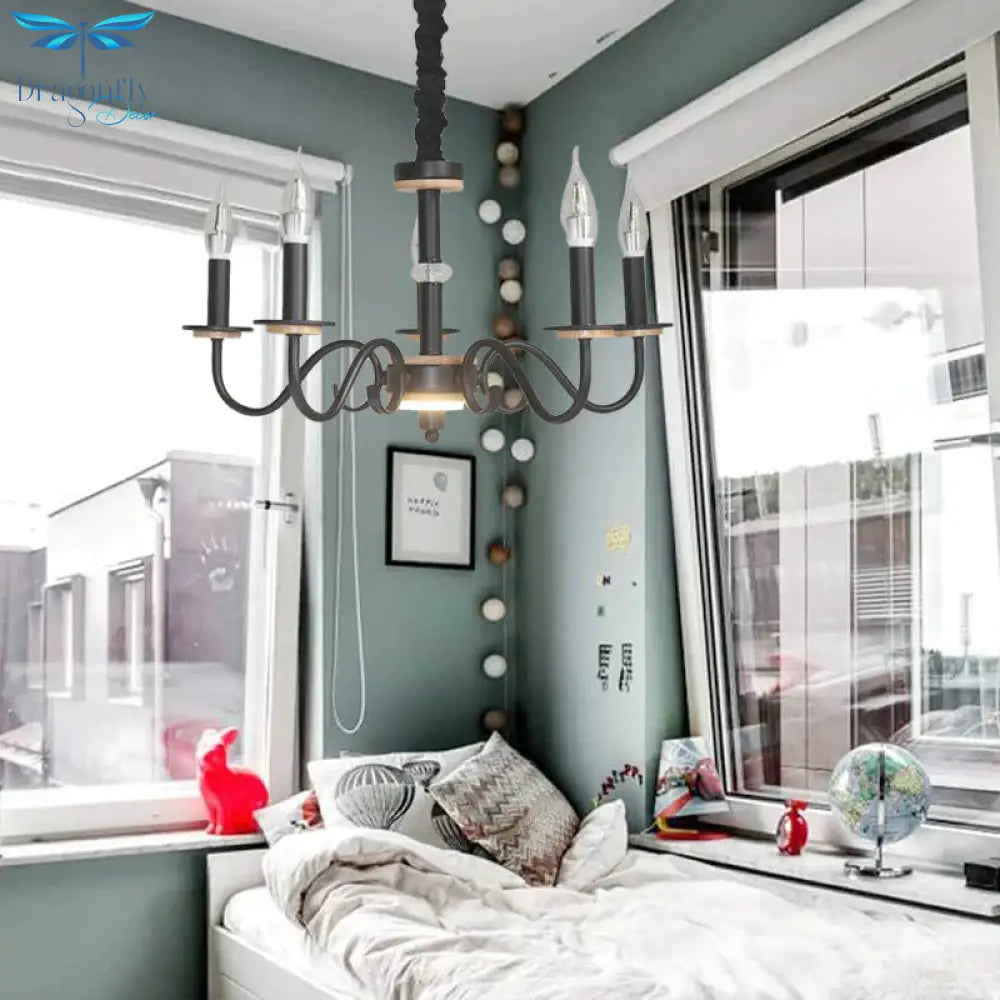 Black Open Bulb Suspension Lamp Vintage Style 3/5 Heads Metallic Chandelier Pendant Light With