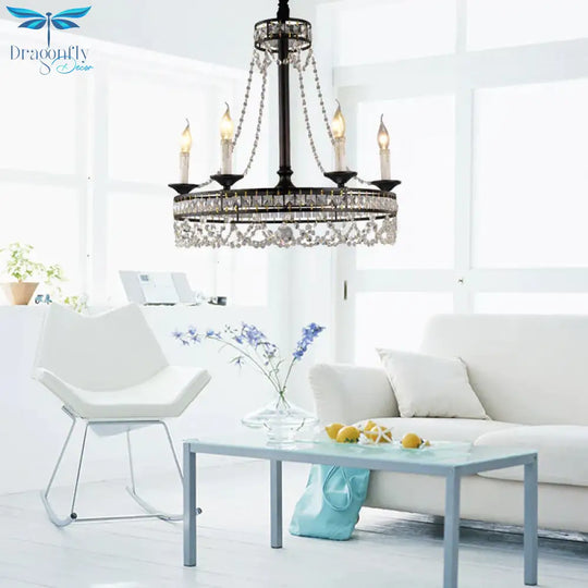 Black Round Chandelier Lamp Nordic Crystal 4/6/8 Heads Pendant Lighting Fixture For Living Room