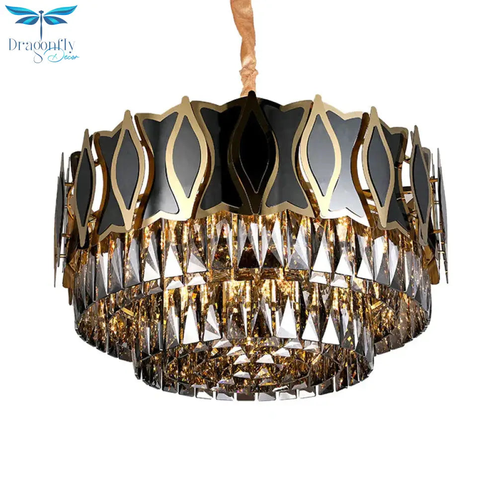 Black Round Chandelier Pendant Light Modernism 9 Lights Rectangle - Cut Crystal Suspension
