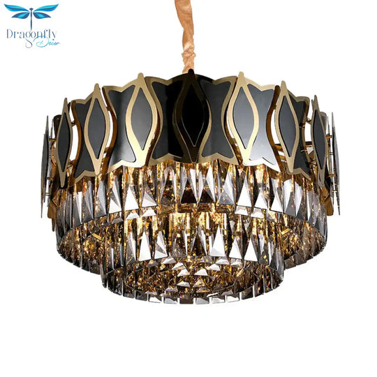 Black Round Chandelier Pendant Light Modernism 9 Lights Rectangle - Cut Crystal Suspension
