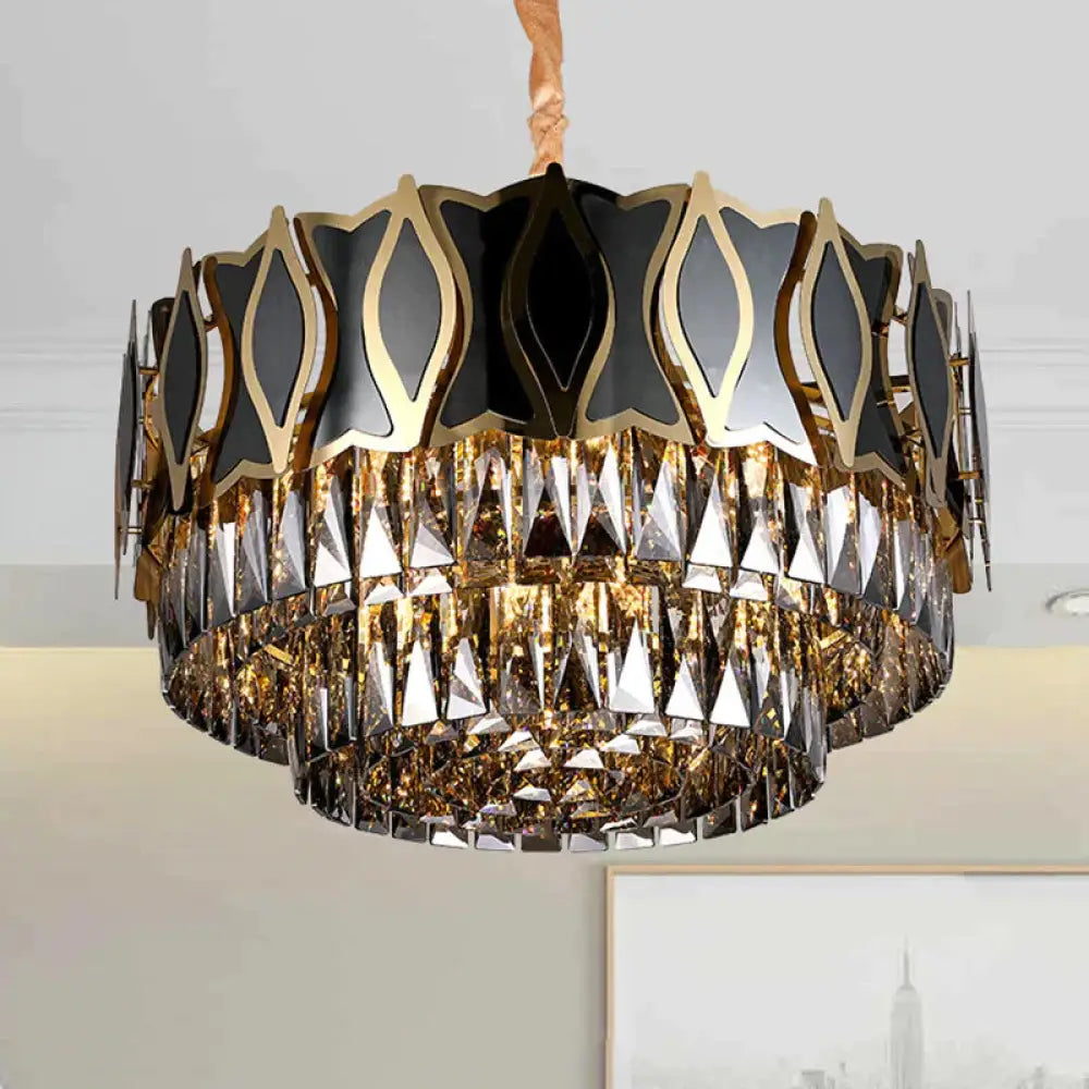 Black Round Chandelier Pendant Light Modernism 9 Lights Rectangle - Cut Crystal Suspension