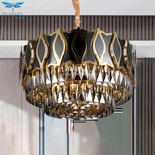 Black Round Chandelier Pendant Light Modernism 9 Lights Rectangle - Cut Crystal Suspension