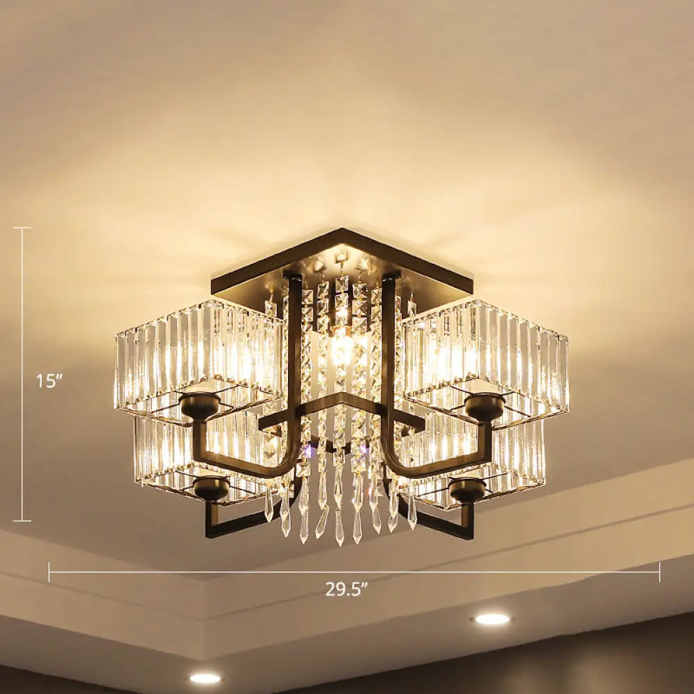 Black Semi Flush Mount Light With Prismatic Crystal For Living Room - Contemporary Rectangle