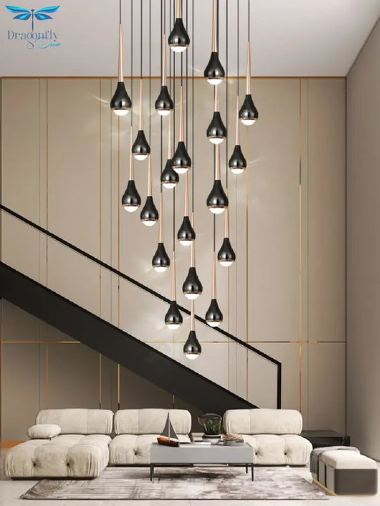 Black Staircase Led Pendant Ligh Modern Living Room Loft Hanging Lamp Villa Hotel Apartment Long