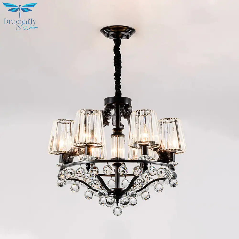 Black Tapered Chandelier Pendant Light Traditional Crystal Block 3/6 Heads Bedroom Hanging Ceiling