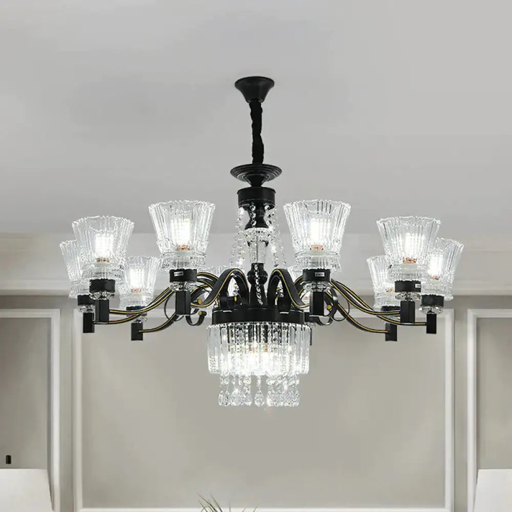 Black Tapered Hanging Ceiling Light Traditional Crystal Stands 13 Heads Great Room Chandelier