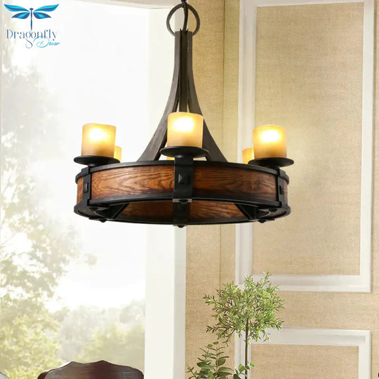 Black Tube Chandelier Lamp Traditional Beige Glass 6 Lights Dining Room Hanging Light Fixture With