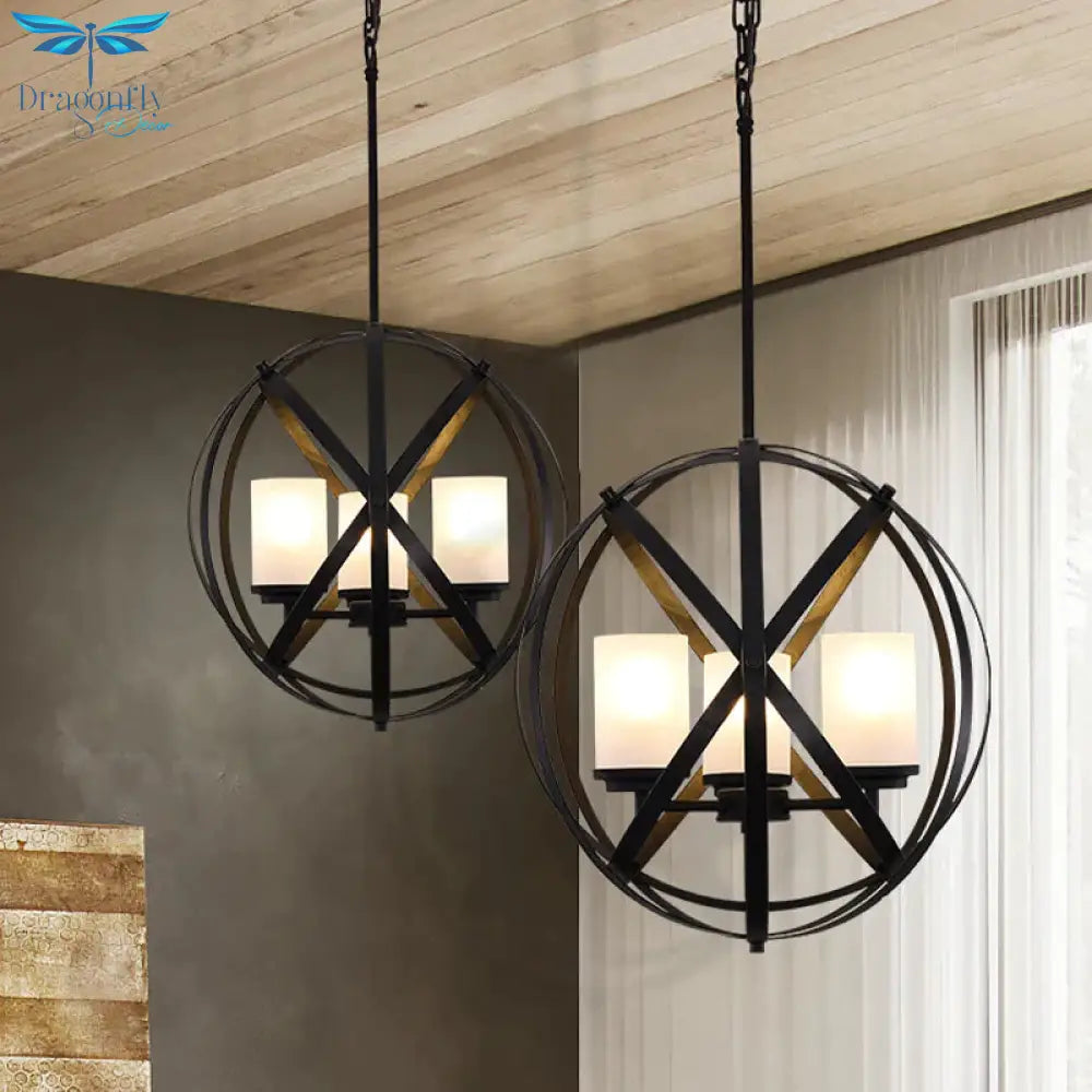 Black X - Brace Chandelier Lamp Warehouse Iron 3 Bulbs Restaurant Hanging Pendant Light With Pillar