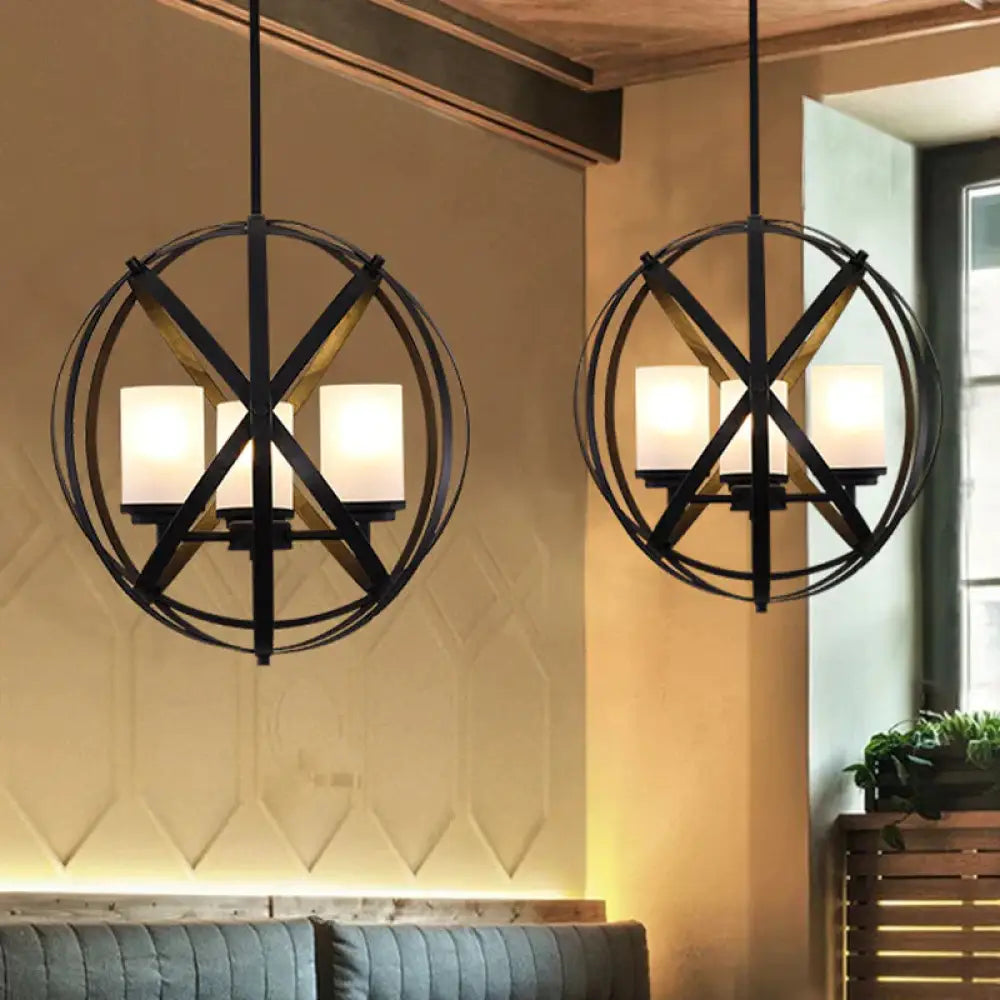 Black X - Brace Chandelier Lamp Warehouse Iron 3 Bulbs Restaurant Hanging Pendant Light With Pillar