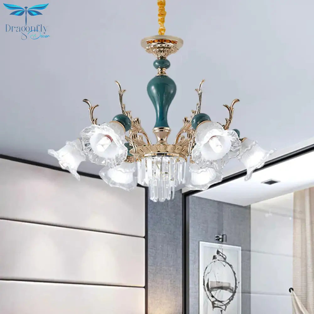 Bloom Opal - White Glass Down Hanging Chandelier Classic 6 Heads Living Room Pendant Ceiling Light