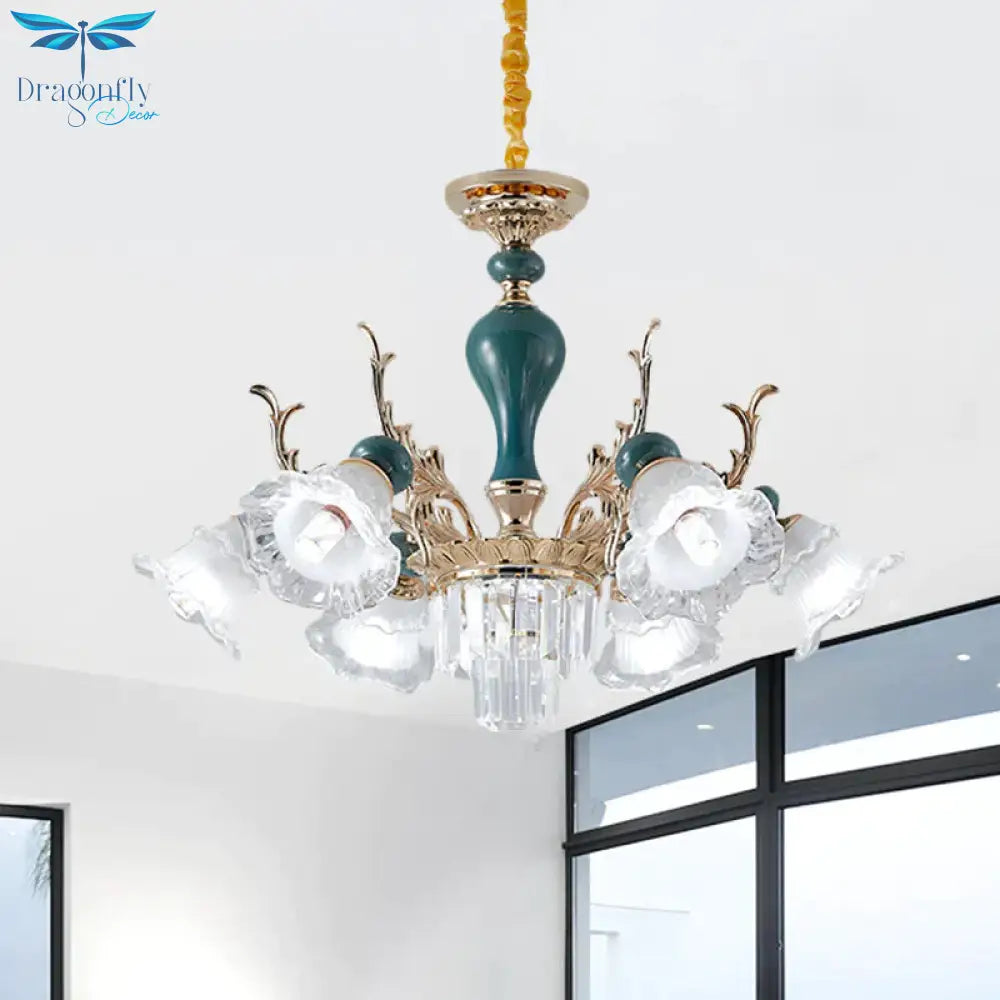 Bloom Opal - White Glass Down Hanging Chandelier Classic 6 Heads Living Room Pendant Ceiling Light