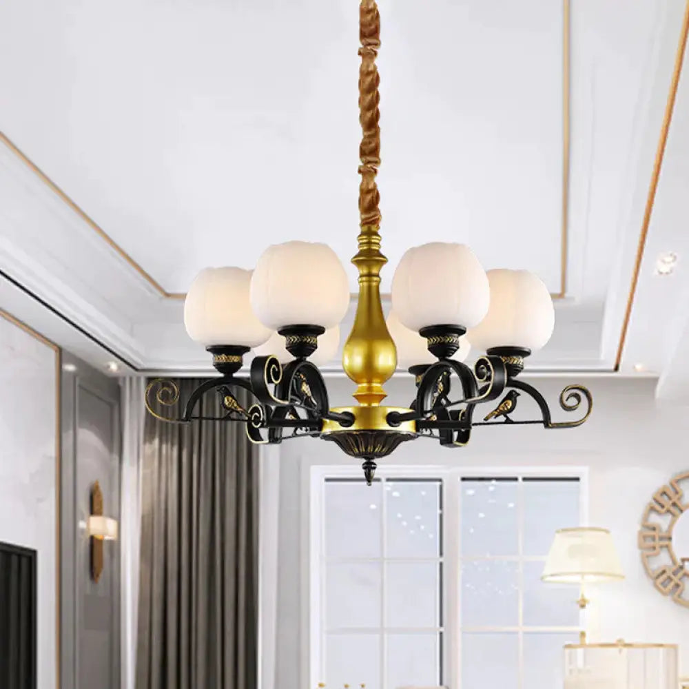 Bloom Study Pendant Chandelier Retro Opal Glass 6 - Light Black And Gold Ceiling Light With Bird