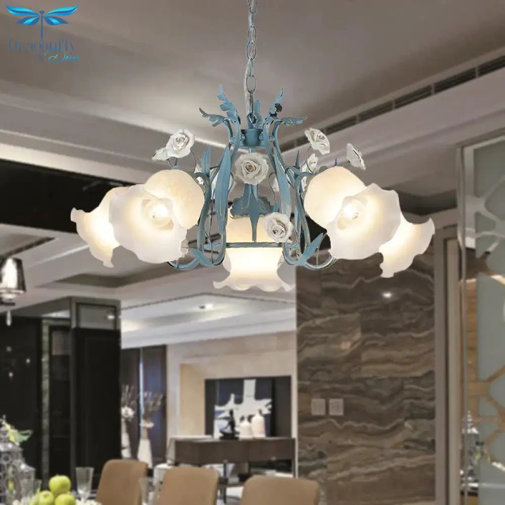 Blossom Dining Room Chandelier Korean Garden Metal 4/6/9 Heads Pink/White Led Ceiling Hang Fixture