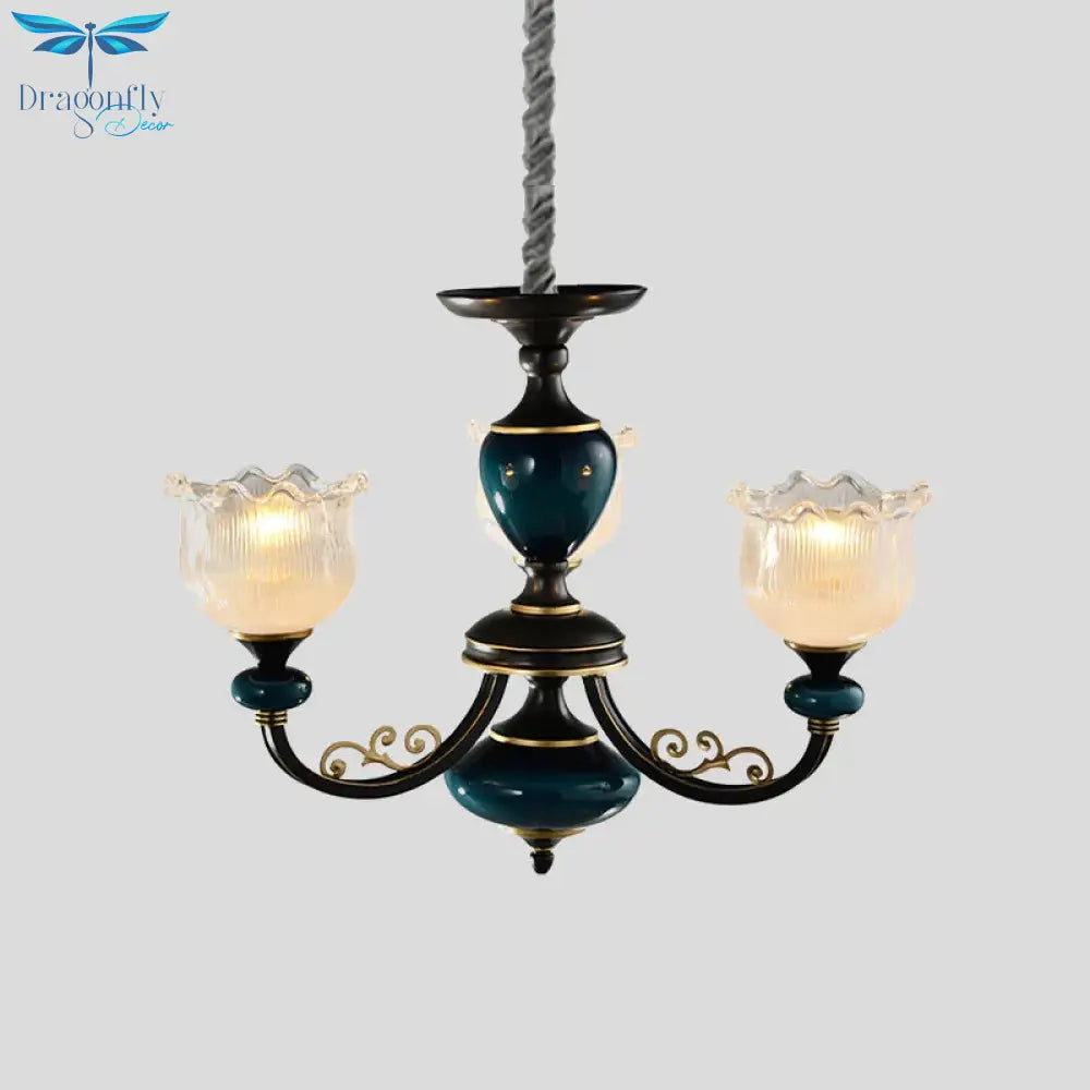 Blossom Living Room Pendulum Light Classic Clear Ribbed Glass 3/6 Lights Black And Blue Chandelier