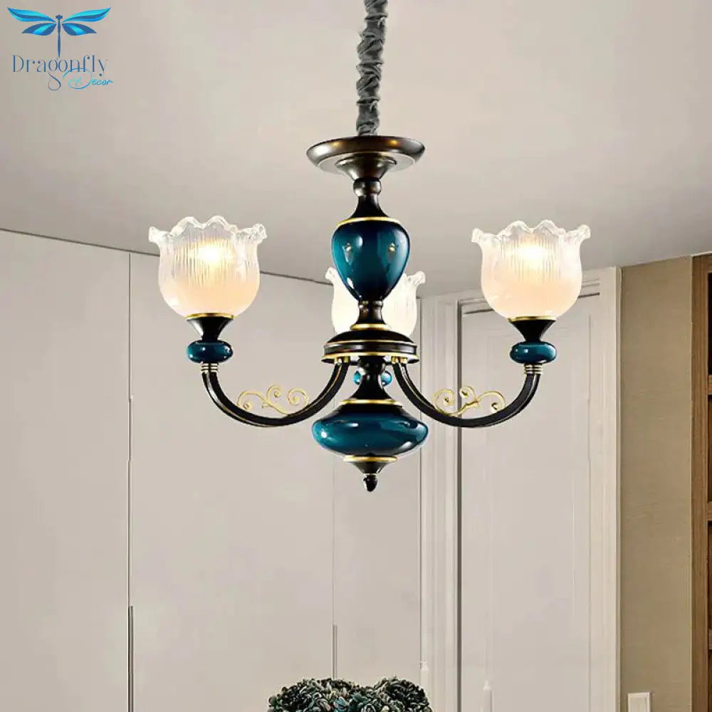 Blossom Living Room Pendulum Light Classic Clear Ribbed Glass 3/6 Lights Black And Blue Chandelier