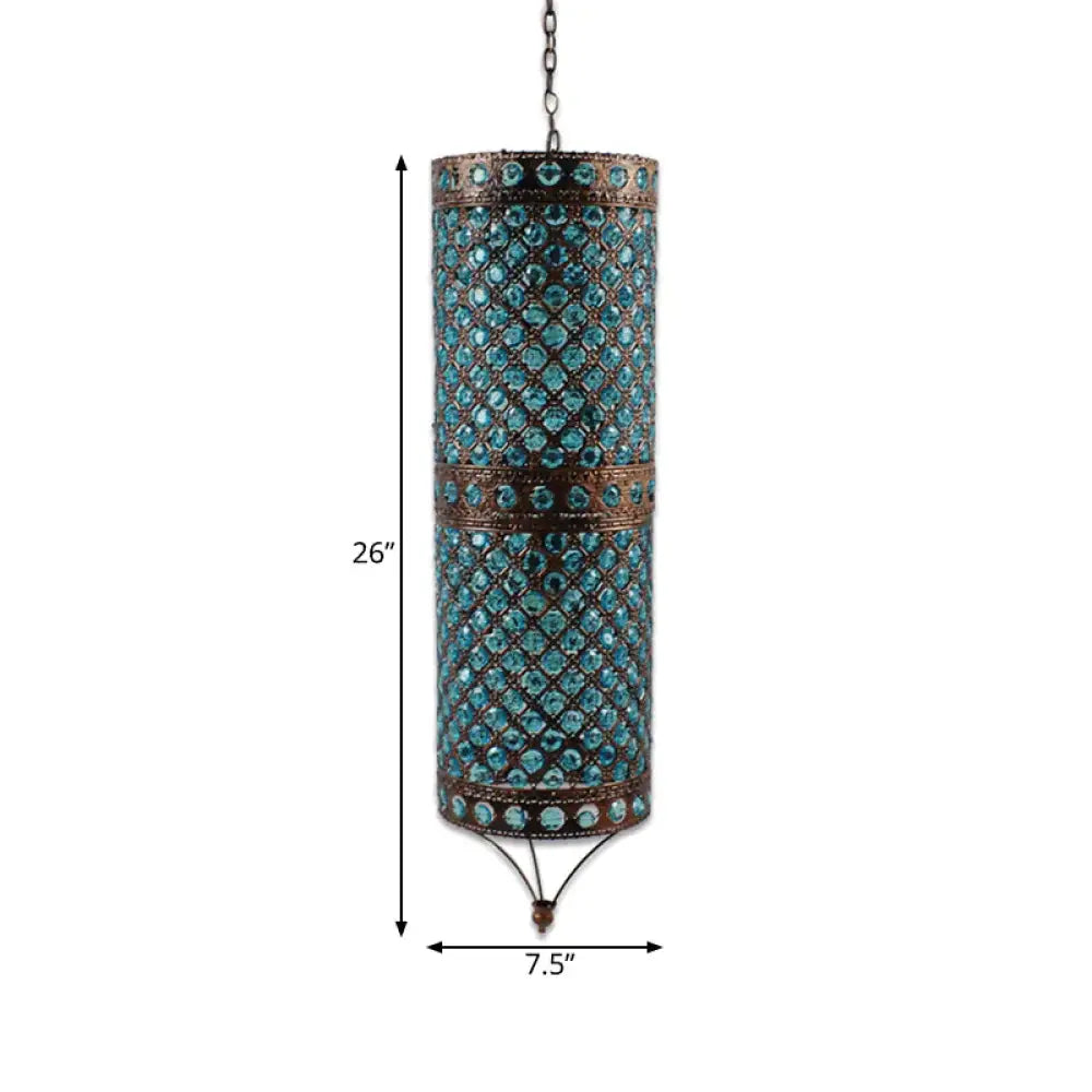 Blue 2 Lights Chandelier Lamp Bohemian Metal Column Suspension Lighting Fixture For Dining Room