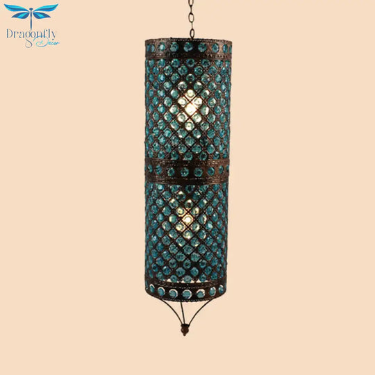 Blue 2 Lights Chandelier Lamp Bohemian Metal Column Suspension Lighting Fixture For Dining Room