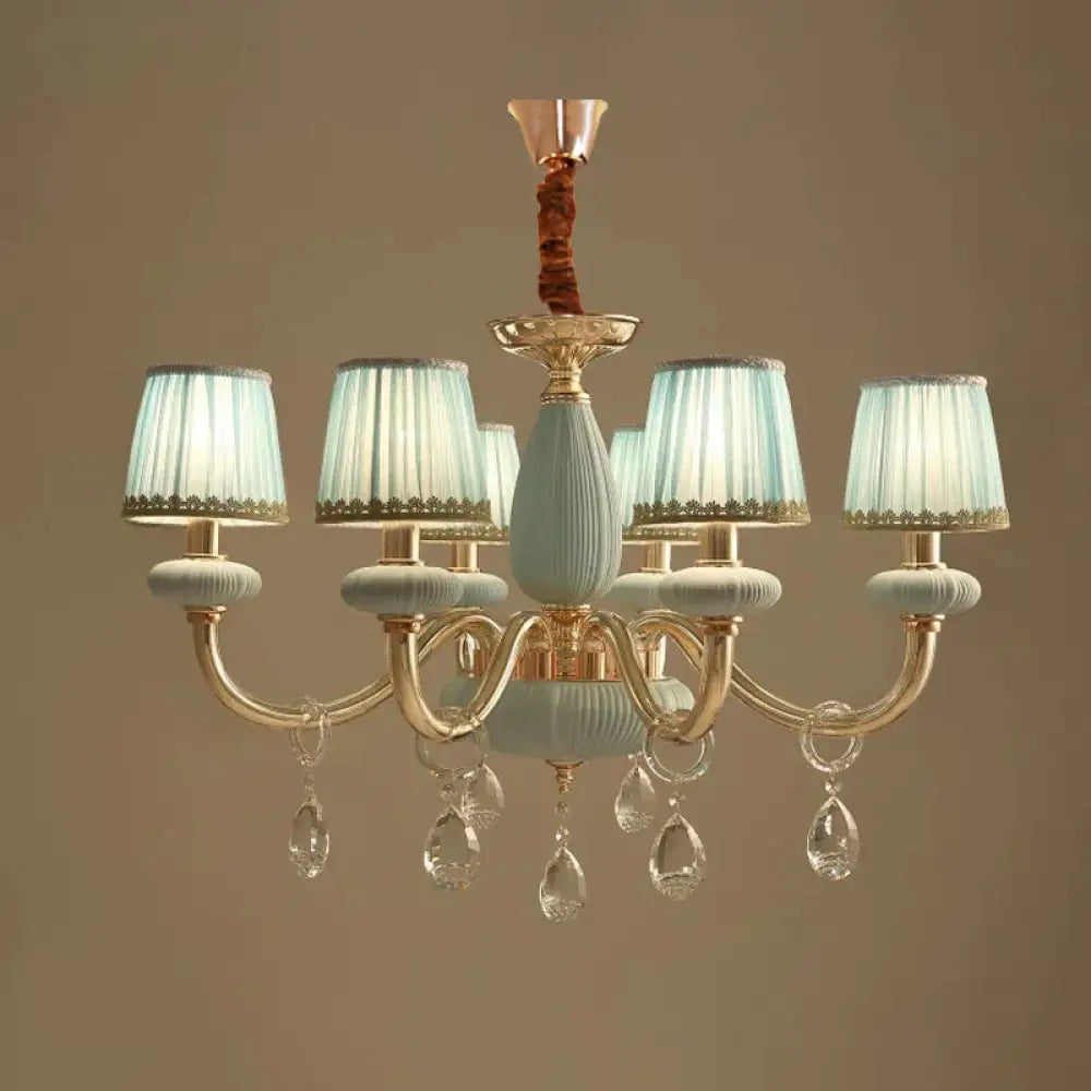 Blue Barrel Ceiling Light Traditionalist Fabric 6 - Bulb Bedroom Hanging Chandelier With Crystal