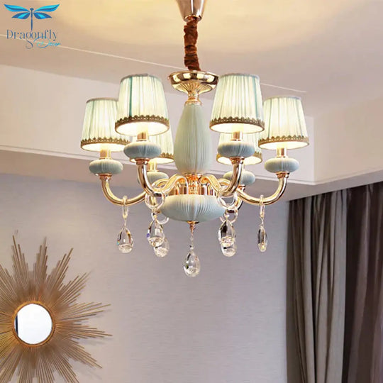 Blue Barrel Ceiling Light Traditionalist Fabric 6 - Bulb Bedroom Hanging Chandelier With Crystal