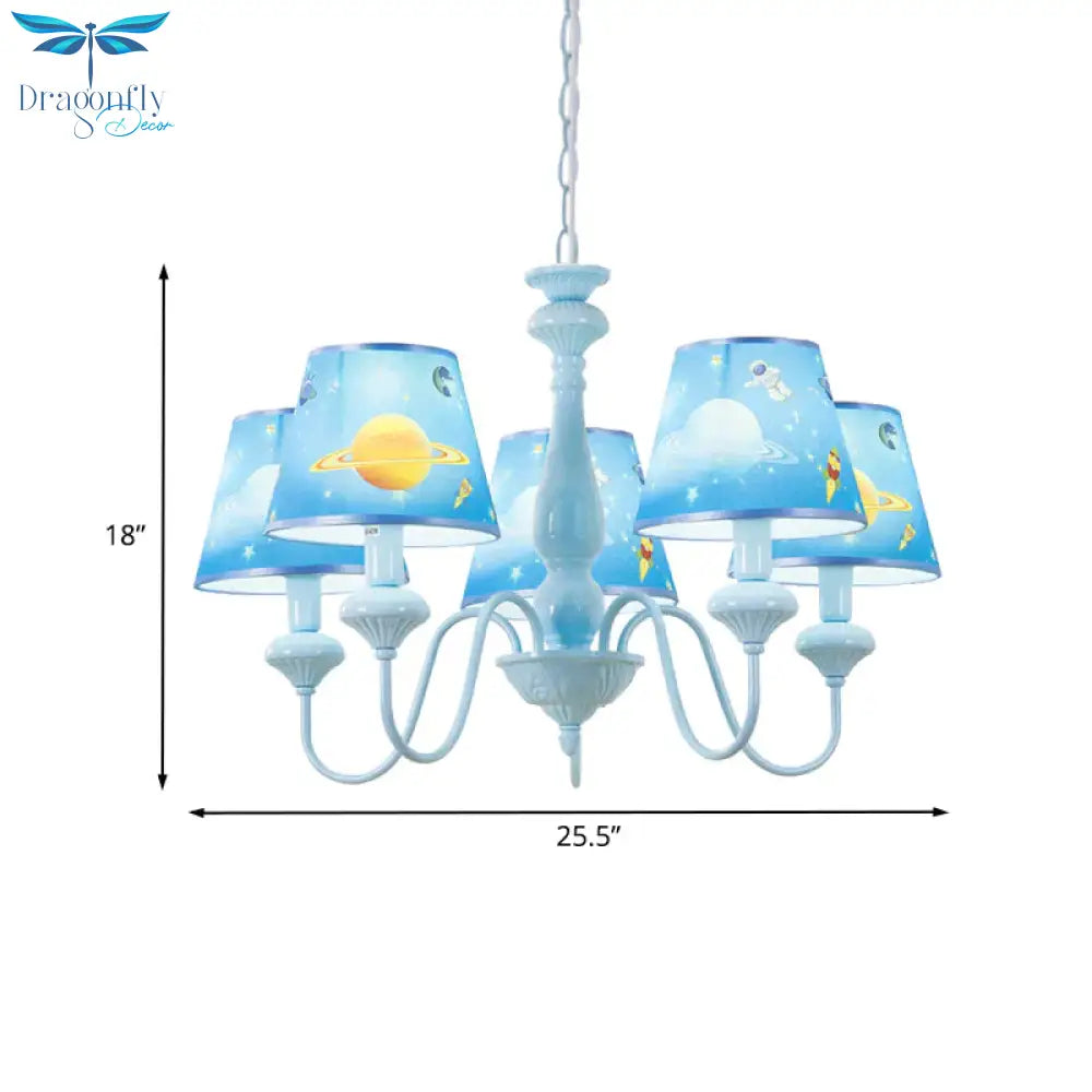 Blue Barrel Chandelier Light Mediterranean 5/6 Bulbs Fabric Ceiling Hang Fixture With Universe