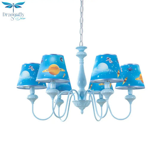 Blue Barrel Chandelier Light Mediterranean 5/6 Bulbs Fabric Ceiling Hang Fixture With Universe