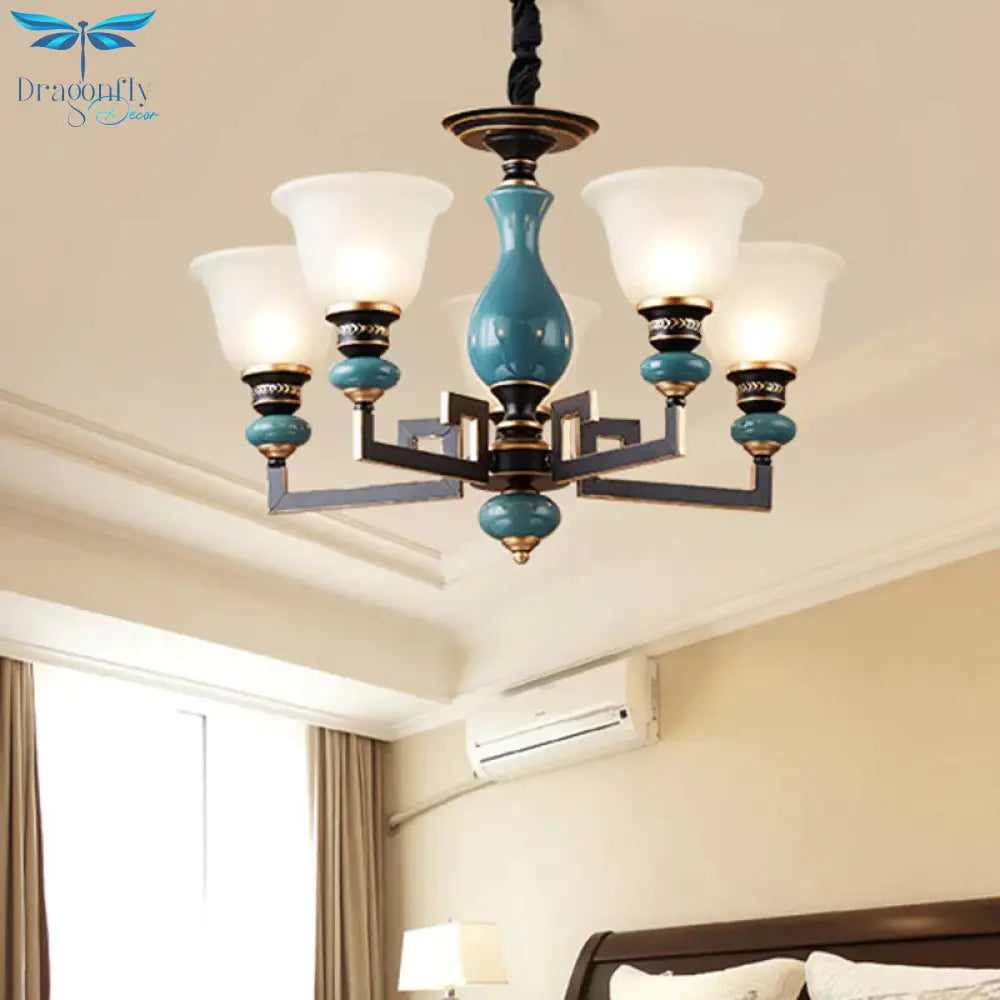 Blue - Black 3/5/6 Heads Pendulum Light Vintage Style Milky Glass Bell Shaped Hanging Chandelier