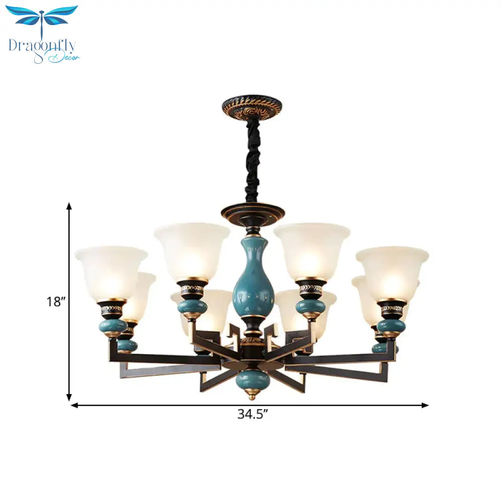 Blue - Black 3/5/6 Heads Pendulum Light Vintage Style Milky Glass Bell Shaped Hanging Chandelier
