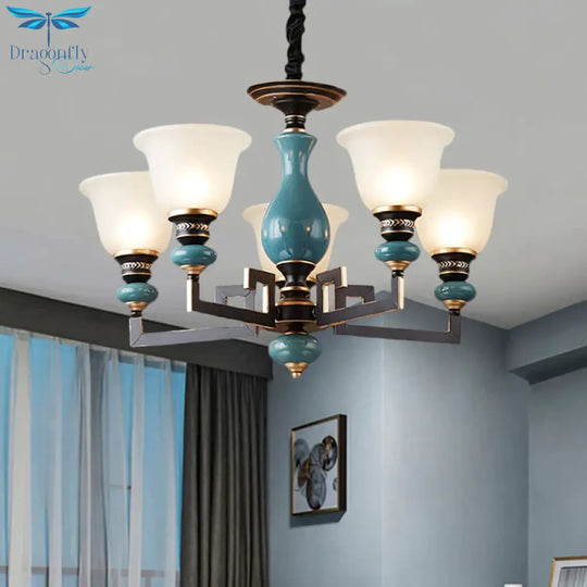 Blue - Black 3/5/6 Heads Pendulum Light Vintage Style Milky Glass Bell Shaped Hanging Chandelier