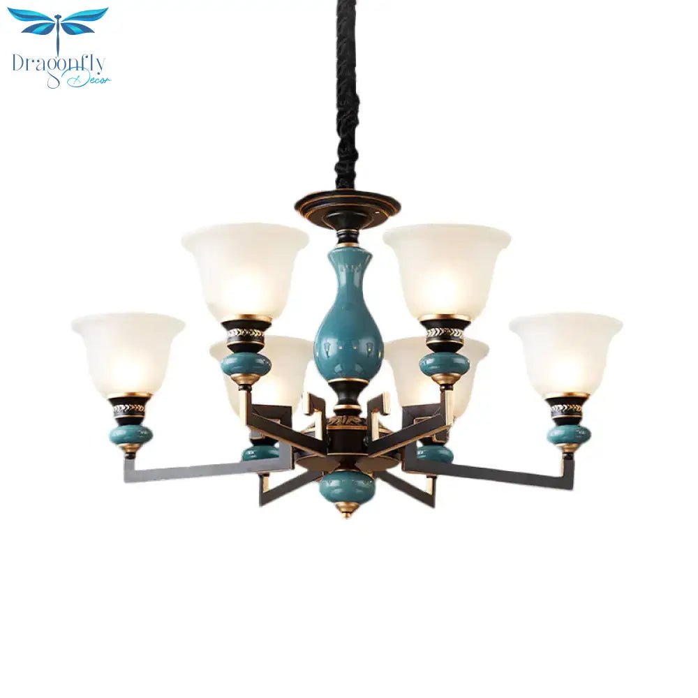 Blue - Black 3/5/6 Heads Pendulum Light Vintage Style Milky Glass Bell Shaped Hanging Chandelier