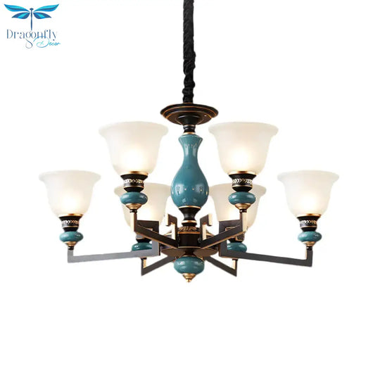 Blue - Black 3/5/6 Heads Pendulum Light Vintage Style Milky Glass Bell Shaped Hanging Chandelier