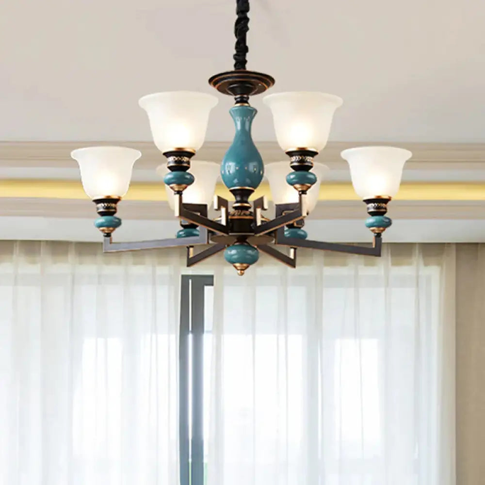 Blue - Black 3/5/6 Heads Pendulum Light Vintage Style Milky Glass Bell Shaped Hanging Chandelier 6 /