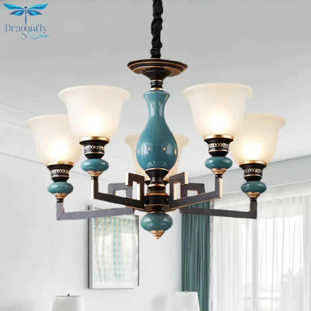 Blue - Black 3/5/6 Heads Pendulum Light Vintage Style Milky Glass Bell Shaped Hanging Chandelier