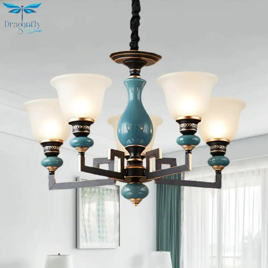 Blue - Black 3/5/6 Heads Pendulum Light Vintage Style Milky Glass Bell Shaped Hanging Chandelier