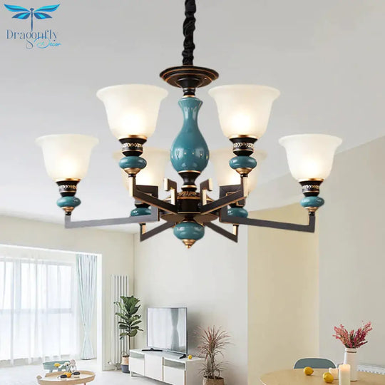 Blue - Black 3/5/6 Heads Pendulum Light Vintage Style Milky Glass Bell Shaped Hanging Chandelier
