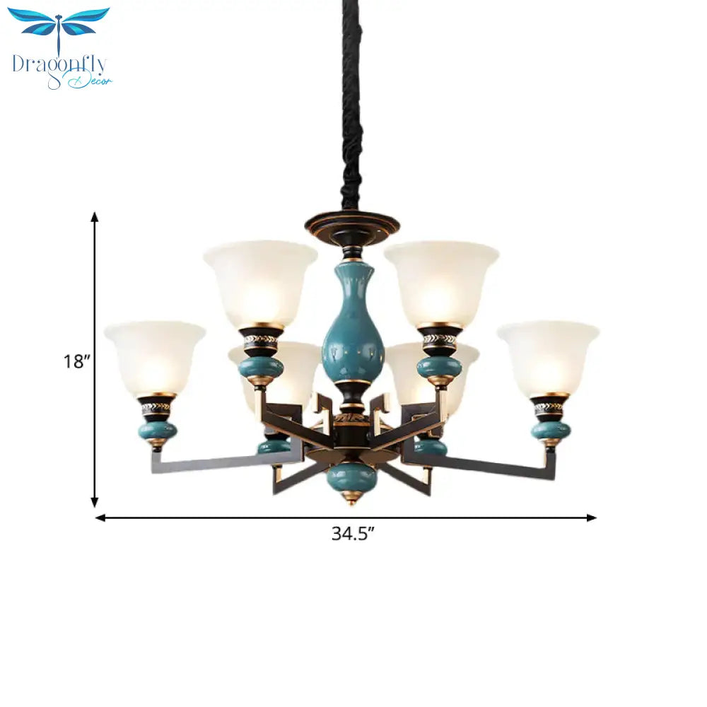 Blue - Black 3/5/6 Heads Pendulum Light Vintage Style Milky Glass Bell Shaped Hanging Chandelier