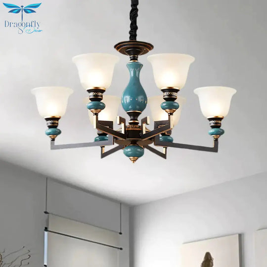 Blue - Black 3/5/6 Heads Pendulum Light Vintage Style Milky Glass Bell Shaped Hanging Chandelier