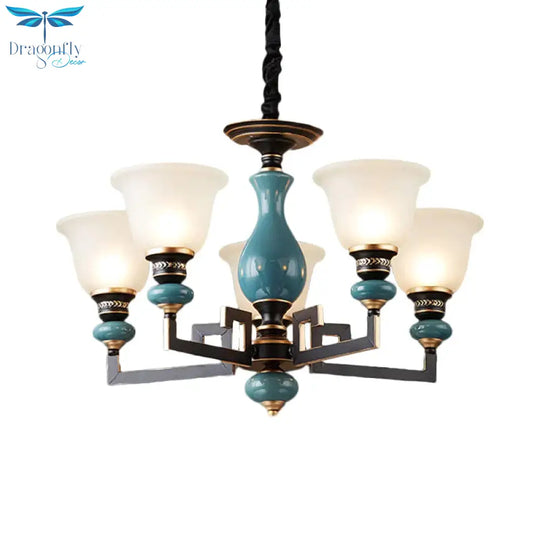Blue - Black 3/5/6 Heads Pendulum Light Vintage Style Milky Glass Bell Shaped Hanging Chandelier