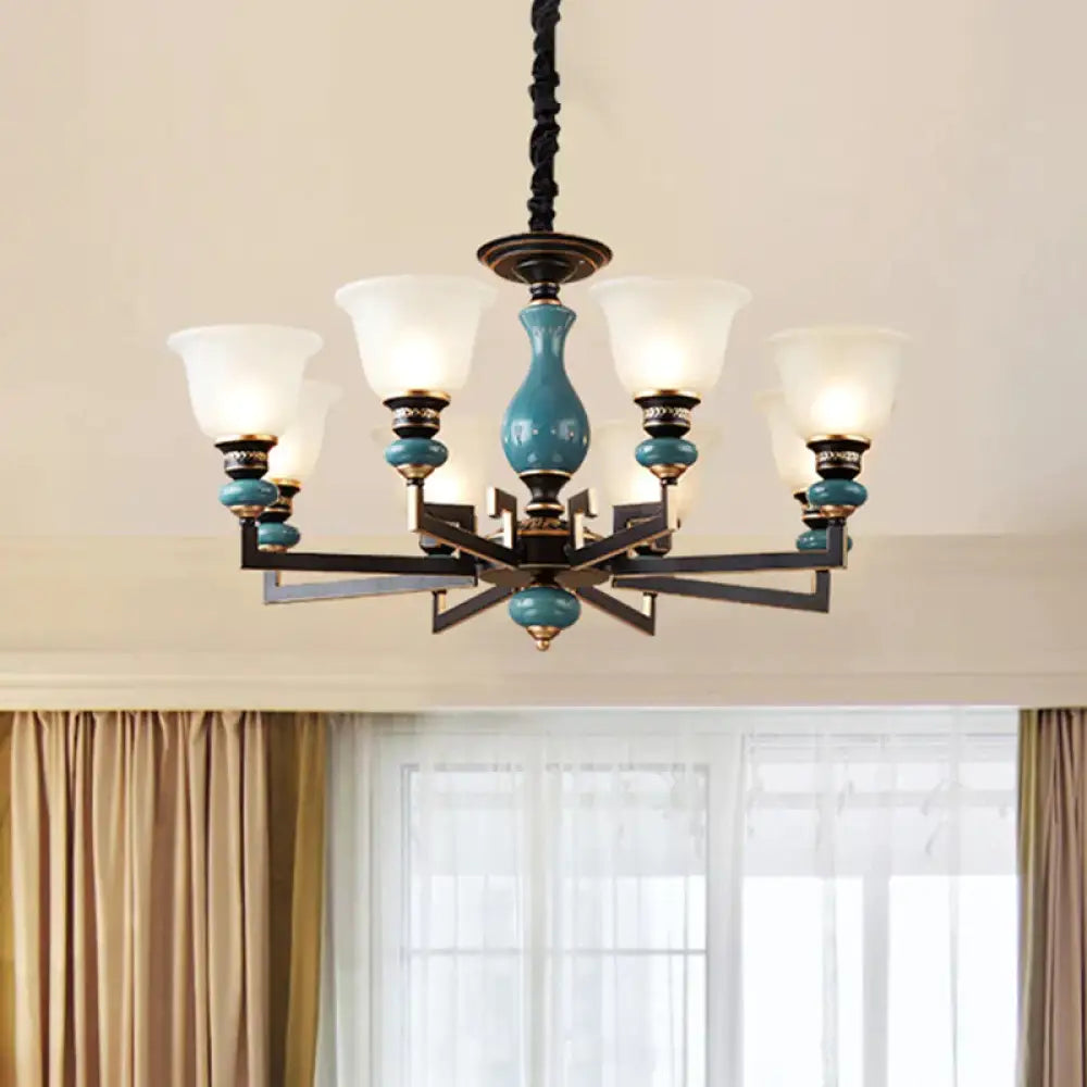 Blue - Black 3/5/6 Heads Pendulum Light Vintage Style Milky Glass Bell Shaped Hanging Chandelier 8 /